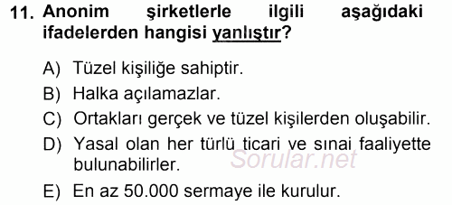 Muhasebe Uygulamaları 2012 - 2013 Dönem Sonu Sınavı 11.Soru