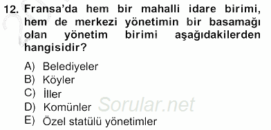 Mahalli İdareler Maliyesi 2012 - 2013 Ara Sınavı 12.Soru