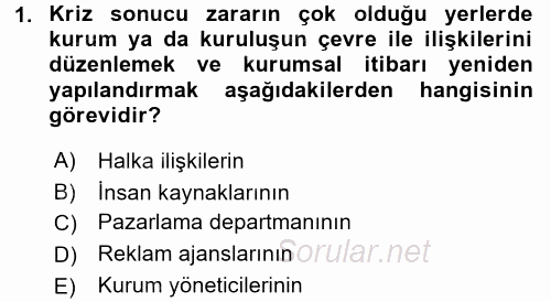 Halkla İlişkiler Uygulamaları ve Örnek Olaylar 2017 - 2018 3 Ders Sınavı 1.Soru