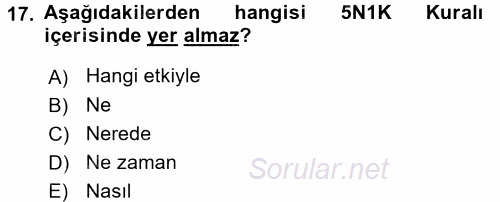 Halkla İlişkiler Uygulamaları ve Örnek Olaylar 2017 - 2018 3 Ders Sınavı 17.Soru