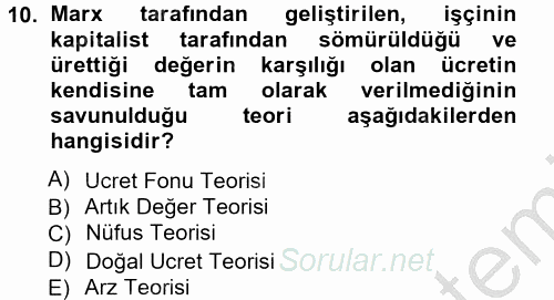 İstihdam ve İşsizlik 2012 - 2013 Ara Sınavı 10.Soru