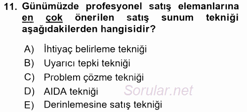 Satış Teknikleri 2015 - 2016 Tek Ders Sınavı 11.Soru