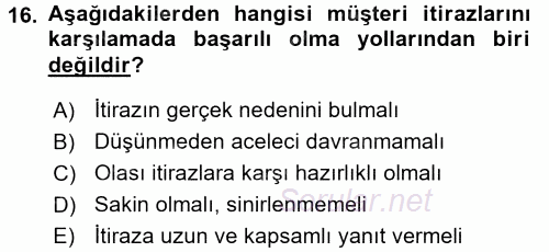 Satış Teknikleri 2015 - 2016 Tek Ders Sınavı 16.Soru