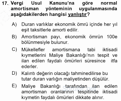 Genel Muhasebe 2 2016 - 2017 Ara Sınavı 17.Soru