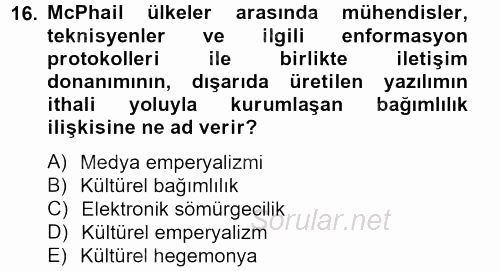 İletişim Kuramları 2012 - 2013 Dönem Sonu Sınavı 16.Soru
