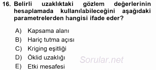 Coğrafi Bilgi Sistemleri İçin Temel İstatistik 2017 - 2018 Dönem Sonu Sınavı 16.Soru