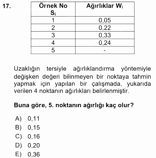 Coğrafi Bilgi Sistemleri İçin Temel İstatistik 2017 - 2018 Dönem Sonu Sınavı 17.Soru