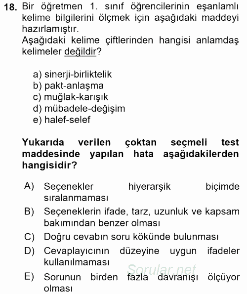 Ölçme Ve Değerlendirme 2015 - 2016 Ara Sınavı 18.Soru