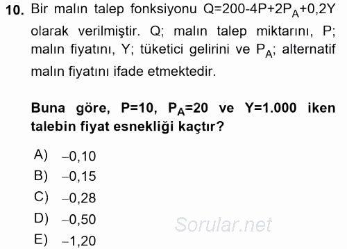 Matematiksel İktisat 2015 - 2016 Tek Ders Sınavı 10.Soru