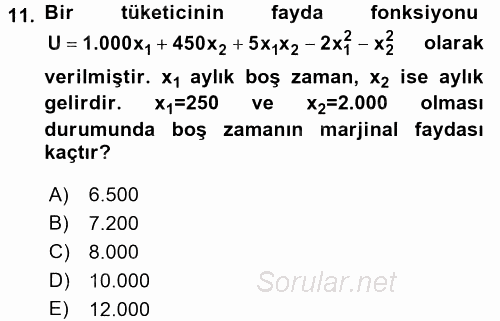 Matematiksel İktisat 2015 - 2016 Tek Ders Sınavı 11.Soru