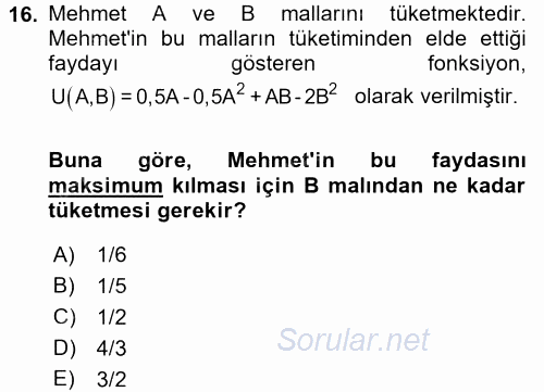 Matematiksel İktisat 2015 - 2016 Tek Ders Sınavı 16.Soru