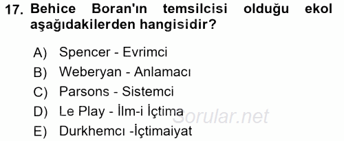 Türk Sosyologları 2017 - 2018 3 Ders Sınavı 17.Soru