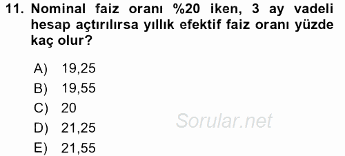 Finans Matematiği 2017 - 2018 Ara Sınavı 11.Soru