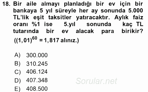 Finans Matematiği 2017 - 2018 Ara Sınavı 18.Soru