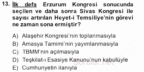 Türkiye´de Demokrasi Ve Parlemento Tarihi 2014 - 2015 Ara Sınavı 13.Soru