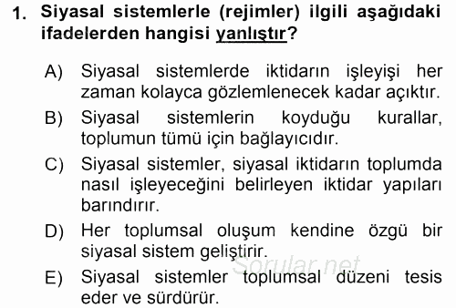 Siyaset Bilimi 2015 - 2016 Tek Ders Sınavı 1.Soru