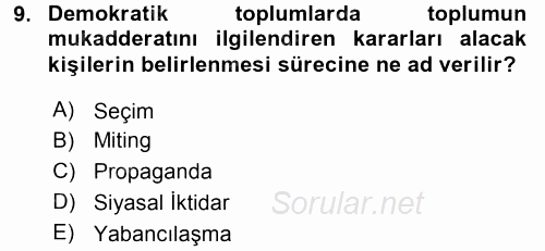 Siyaset Bilimi 2015 - 2016 Tek Ders Sınavı 9.Soru