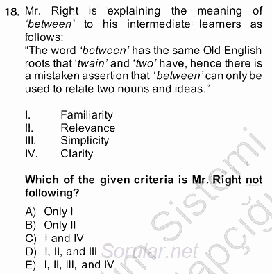 Dilbilgisi Öğretimi 2013 - 2014 Ara Sınavı 18.Soru