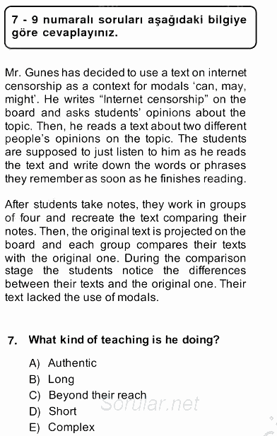 Dilbilgisi Öğretimi 2013 - 2014 Ara Sınavı 7.Soru