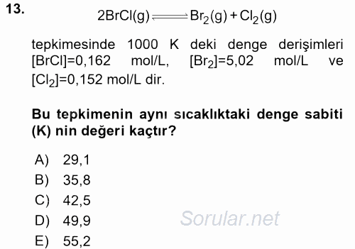 Genel Kimya 2 2017 - 2018 Dönem Sonu Sınavı 13.Soru