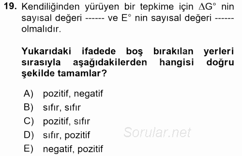 Genel Kimya 2 2017 - 2018 Dönem Sonu Sınavı 19.Soru