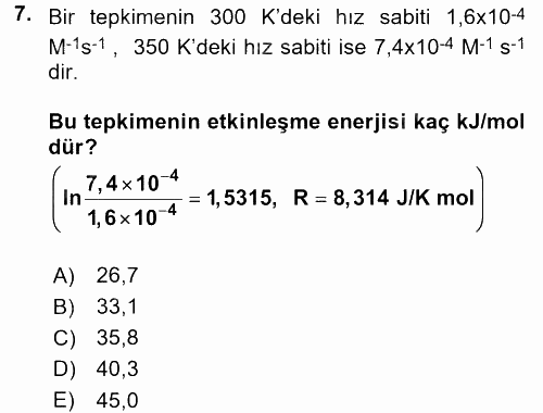 Genel Kimya 2 2017 - 2018 Dönem Sonu Sınavı 7.Soru