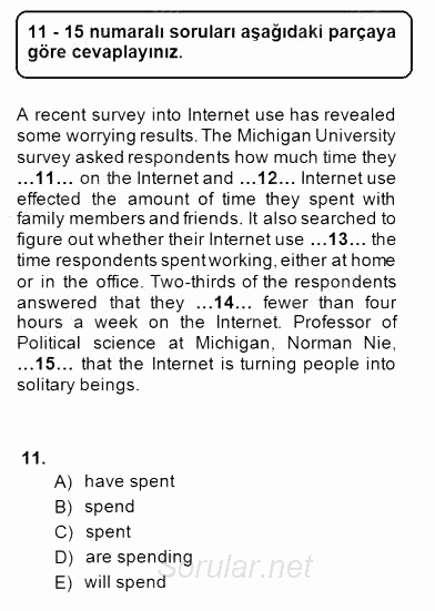 Bağlamsal Dilbilgisi 2 2014 - 2015 Dönem Sonu Sınavı 11.Soru