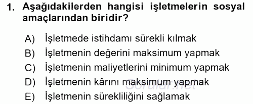 Finansal Yönetim 1 2017 - 2018 3 Ders Sınavı 1.Soru