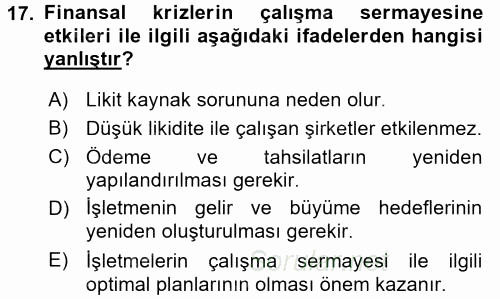 Finansal Yönetim 1 2017 - 2018 3 Ders Sınavı 17.Soru