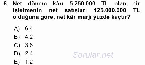 Finansal Yönetim 1 2017 - 2018 3 Ders Sınavı 8.Soru