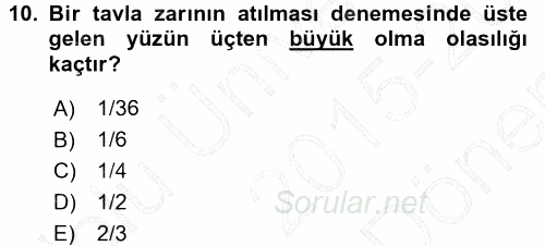 İstatistik 2015 - 2016 Dönem Sonu Sınavı 10.Soru