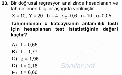 İstatistik 2015 - 2016 Dönem Sonu Sınavı 20.Soru