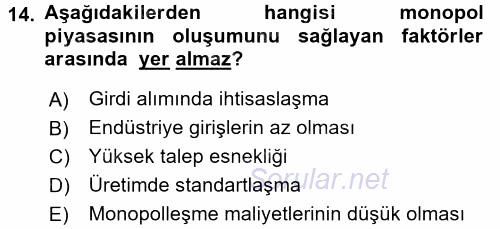 Sanayi Ekonomisi 2017 - 2018 Ara Sınavı 14.Soru