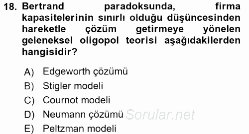 Sanayi Ekonomisi 2017 - 2018 Ara Sınavı 18.Soru