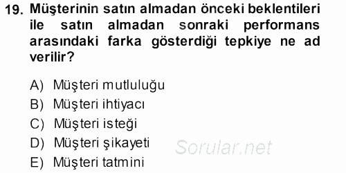 Perakendecilikte Müşteri İlişkileri Yönetimi 2013 - 2014 Ara Sınavı 19.Soru
