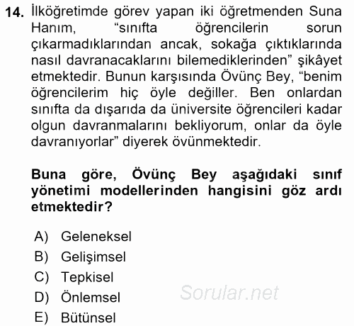 Eğitim Psikolojisi 2016 - 2017 Dönem Sonu Sınavı 14.Soru