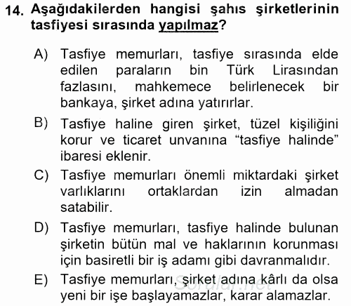 Şirketler Muhasebesi 2016 - 2017 Dönem Sonu Sınavı 14.Soru