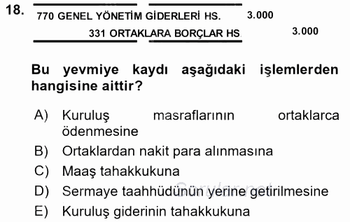 Şirketler Muhasebesi 2016 - 2017 Dönem Sonu Sınavı 18.Soru