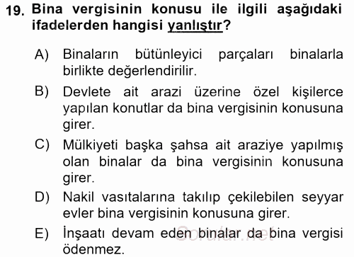 Özel Vergi Hukuku 2 2017 - 2018 Ara Sınavı 19.Soru