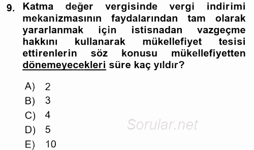 Özel Vergi Hukuku 2 2017 - 2018 Ara Sınavı 9.Soru