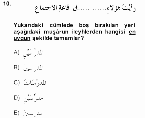 Arapça 2 2013 - 2014 Tek Ders Sınavı 10.Soru