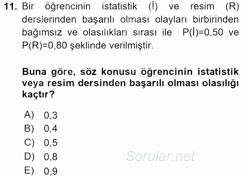 İstatistik 1 2015 - 2016 Tek Ders Sınavı 11.Soru
