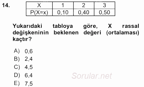 İstatistik 1 2015 - 2016 Tek Ders Sınavı 14.Soru