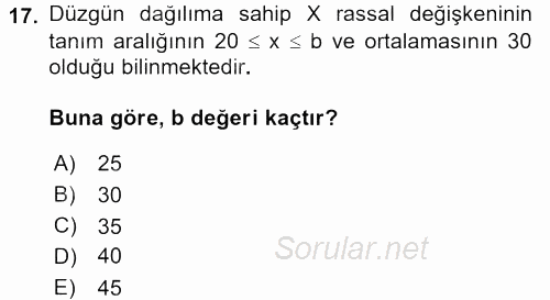 İstatistik 1 2015 - 2016 Tek Ders Sınavı 17.Soru