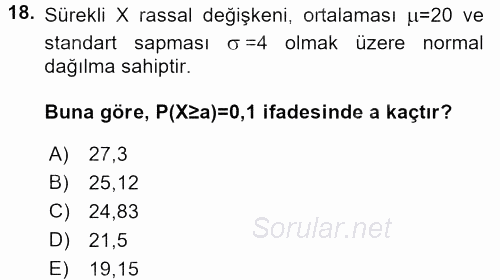 İstatistik 1 2015 - 2016 Tek Ders Sınavı 18.Soru