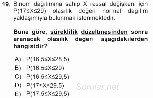 İstatistik 1 2015 - 2016 Tek Ders Sınavı 19.Soru