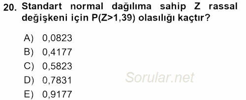 İstatistik 1 2015 - 2016 Tek Ders Sınavı 20.Soru