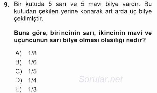 İstatistik 1 2015 - 2016 Tek Ders Sınavı 9.Soru