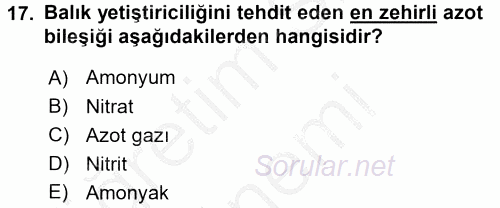 Balık Yetiştiriciliği 2016 - 2017 Ara Sınavı 17.Soru