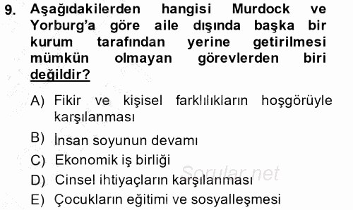 Toplumsal Yaşamda Aile 2014 - 2015 Ara Sınavı 9.Soru